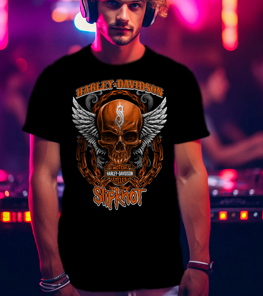 Harley Davidson Skull Wings Chains Slipknot Collaboration T-Shirt