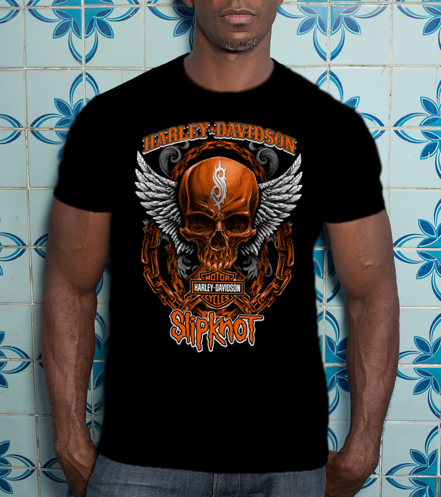 Harley Davidson Skull Wings Chains Slipknot Collaboration T-Shirt