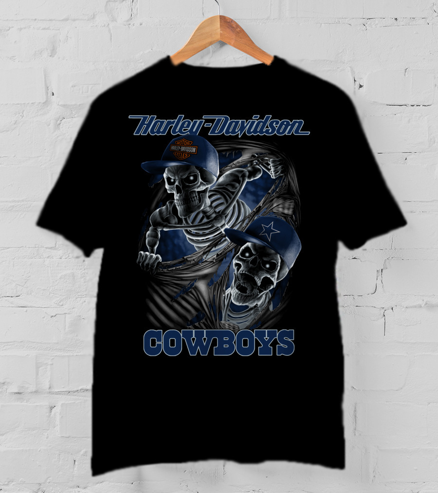 Harley Davidson Cowboys Skeletons In Caps T-Shirt
