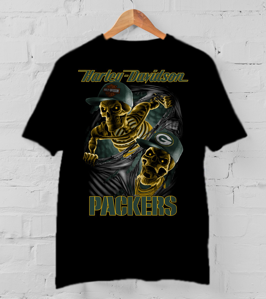 Harley Davidson Packers Skeletons With Caps T-Shirt