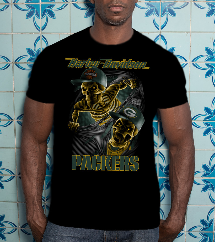 Harley Davidson Packers Skeletons With Caps T-Shirt