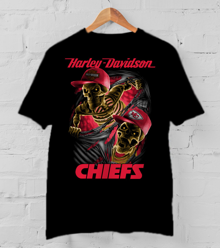 Harley Davidson Chiefs Kansas City Skeletons In Red Caps T-Shirt