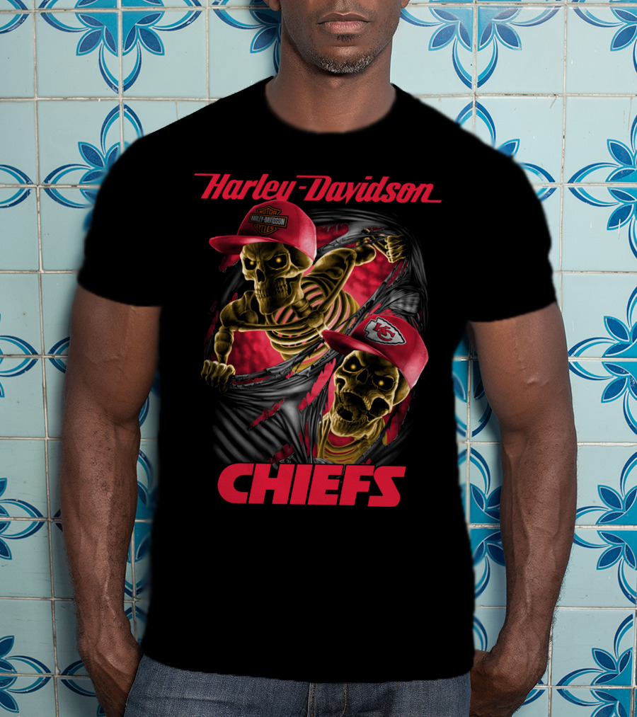Harley Davidson Chiefs Kansas City Skeletons In Red Caps T-Shirt