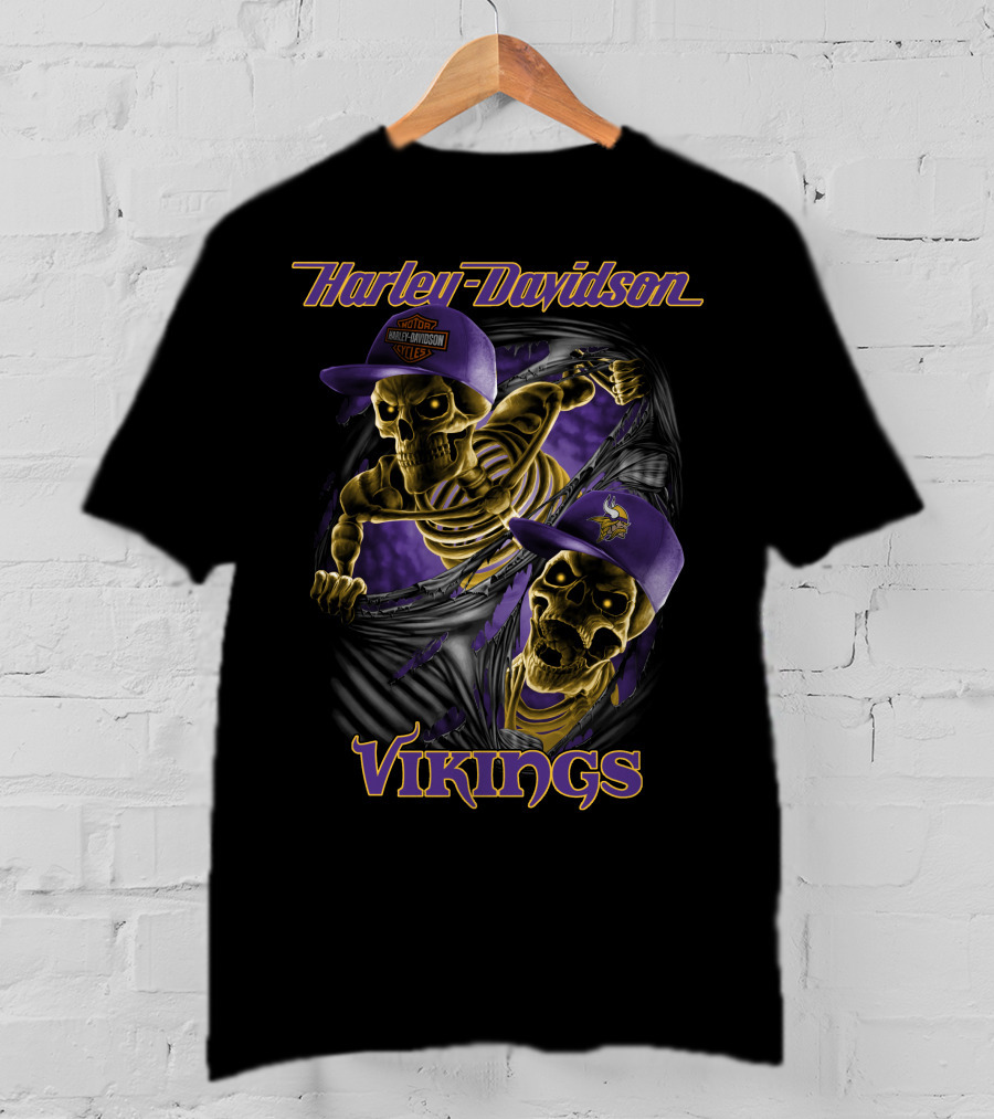 Harley Davidson Vikings Skeletons In Purple Caps With Logos T-Shirt