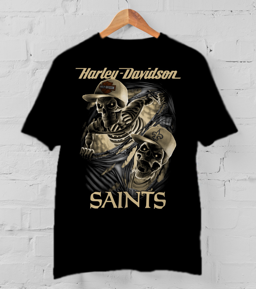 Harley Davidson New Orleans Saints Skeletons Nfl Style T-Shirt