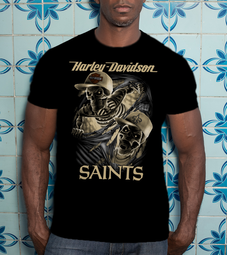 Harley Davidson New Orleans Saints Skeletons Nfl Style T-Shirt