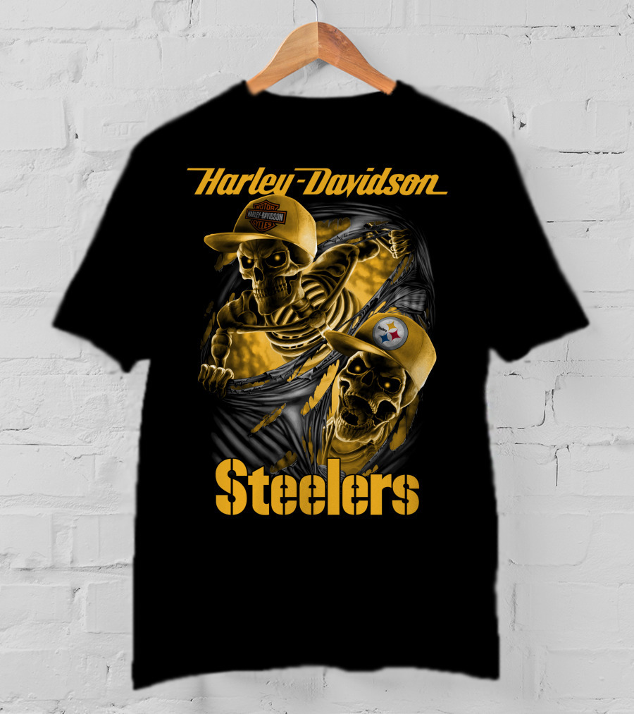 Harley Davidson Steelers Skeletons With Pittsburgh Steelers And Harley T-Shirt