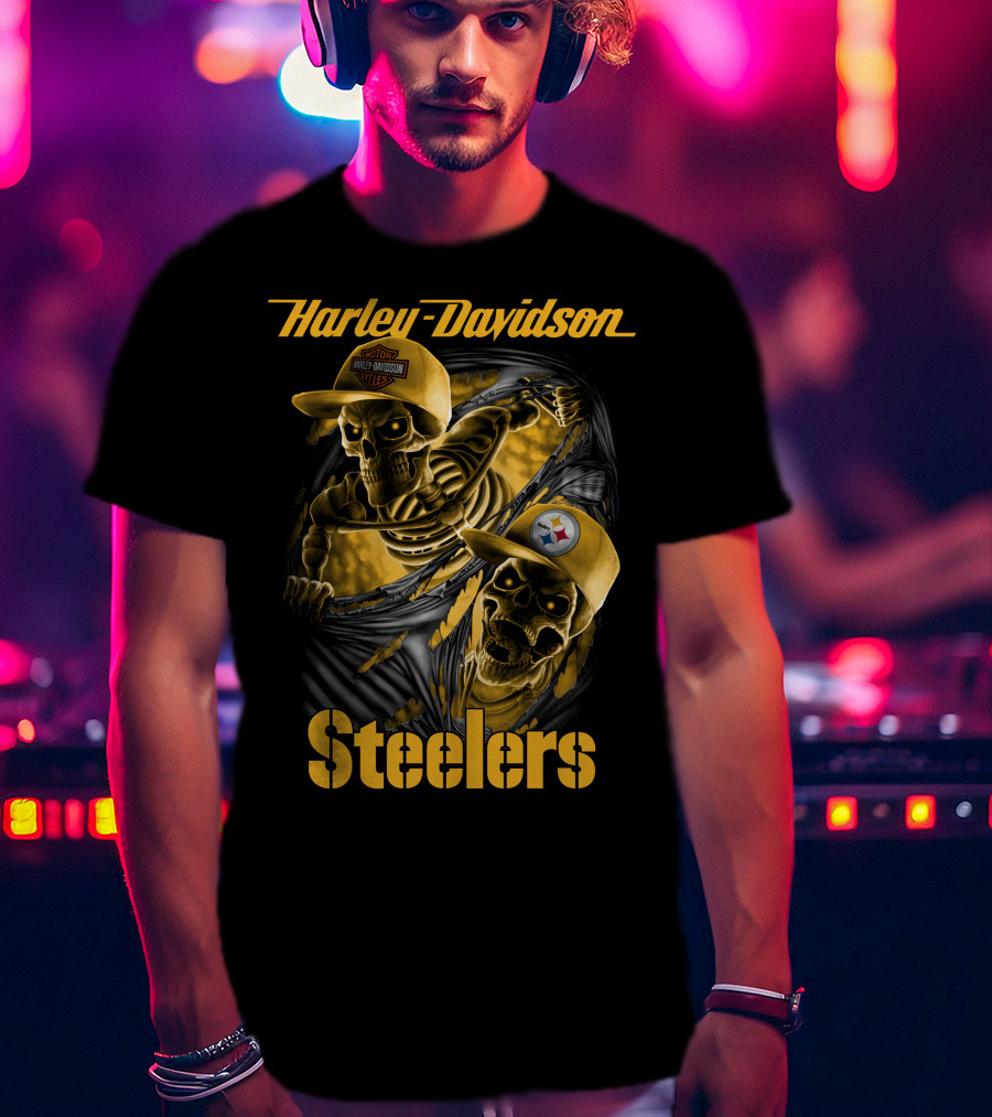 Harley Davidson Steelers Skeletons With Pittsburgh Steelers And Harley T-Shirt
