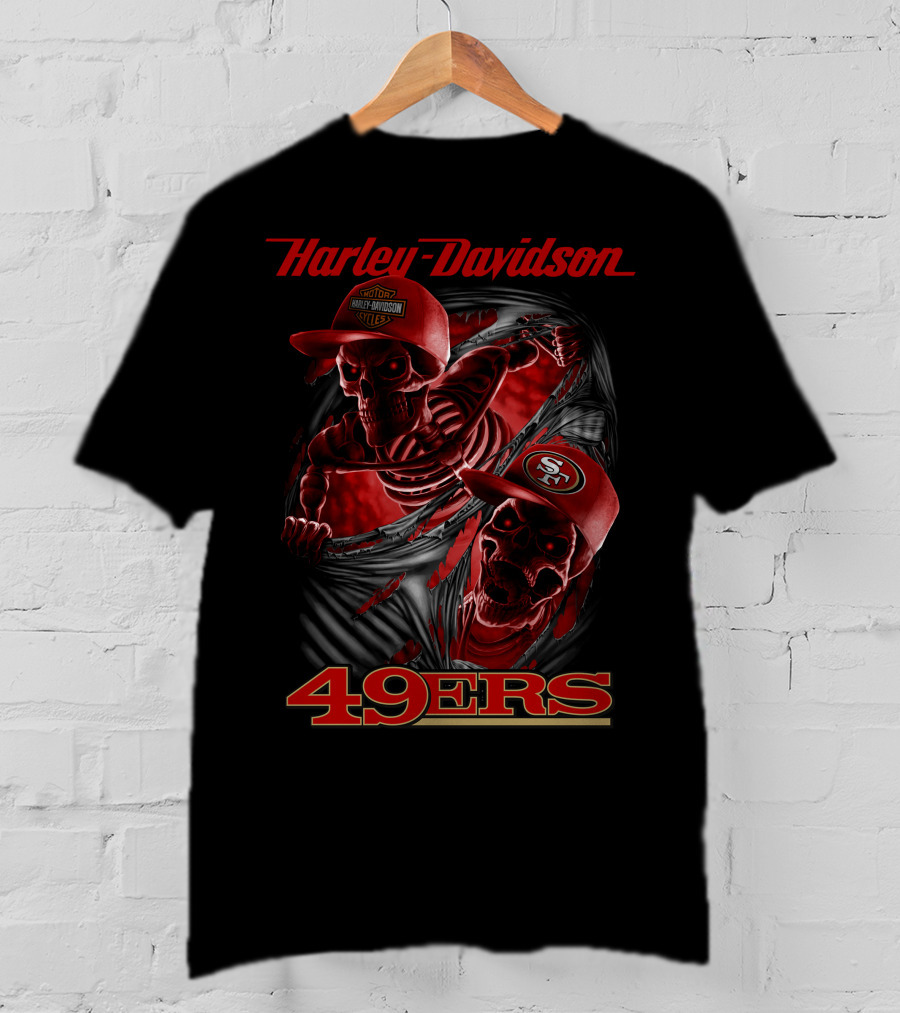 Harley Davidson 49ers Skeletons With San Francisco 49ers Caps T-Shirt