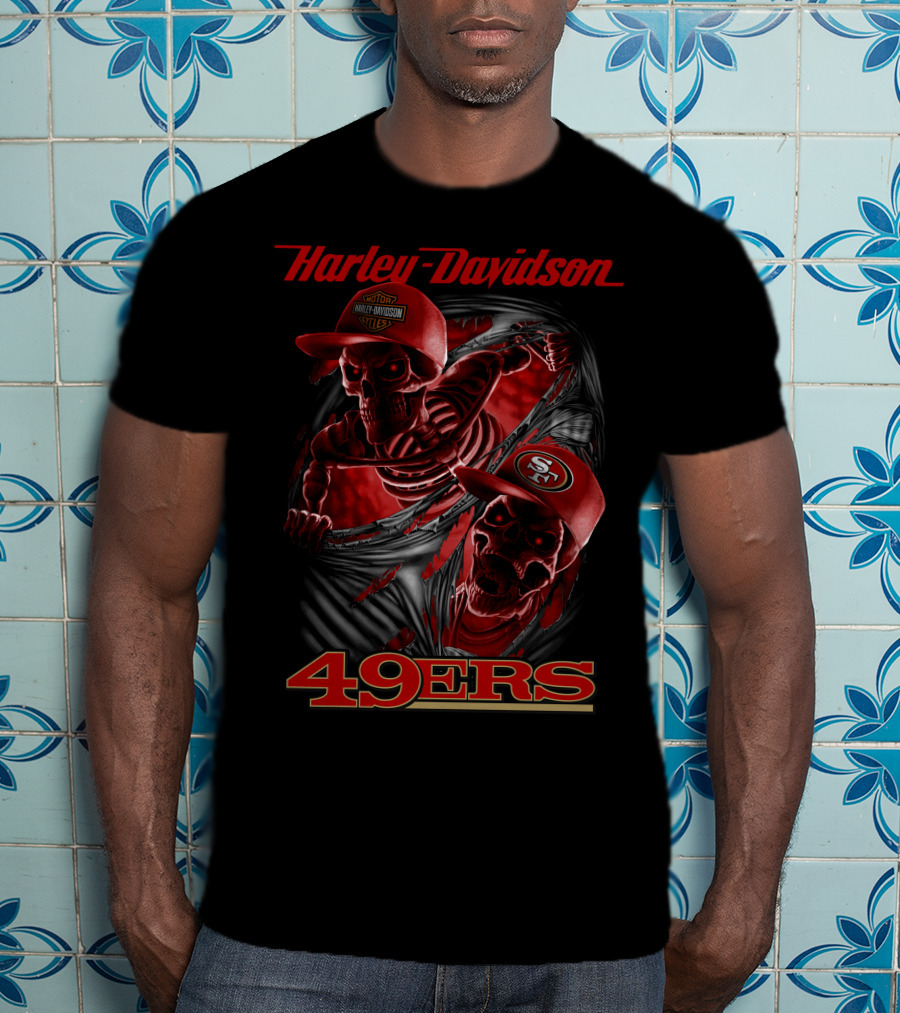 Harley Davidson 49ers Skeletons With San Francisco 49ers Caps T-Shirt