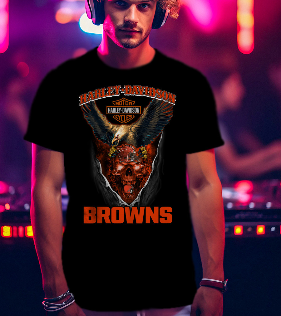 Harley Davidson Cleveland Browns Eagle Skulls Cycles T-Shirt