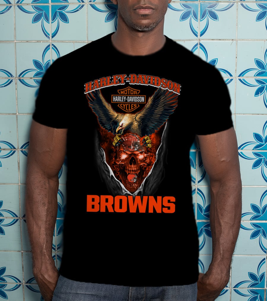 Harley Davidson Cleveland Browns Eagle Skulls Cycles T-Shirt