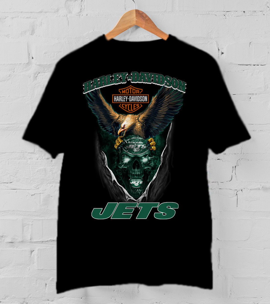 Harley Davidson Motor Cycles Eagle Skull New York Jets T-Shirt