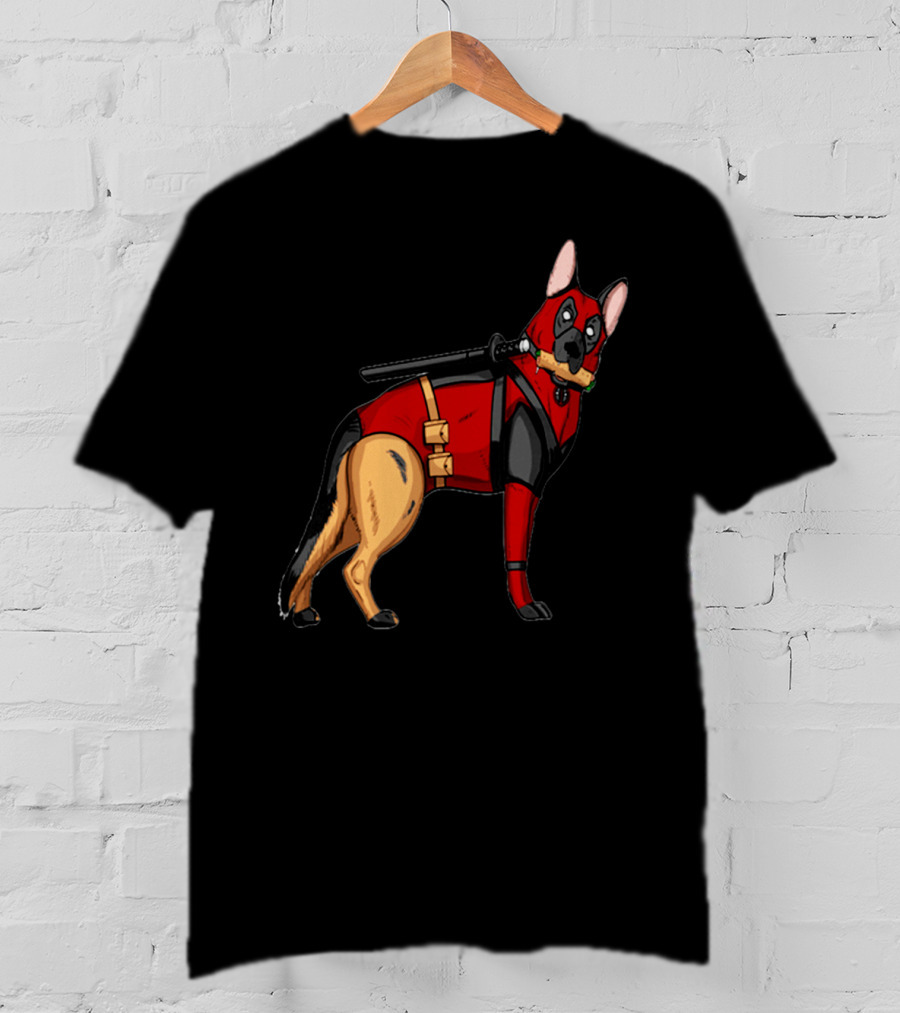 German Shepherd In Deadpool Costume With Sword And Bone T-Shirt