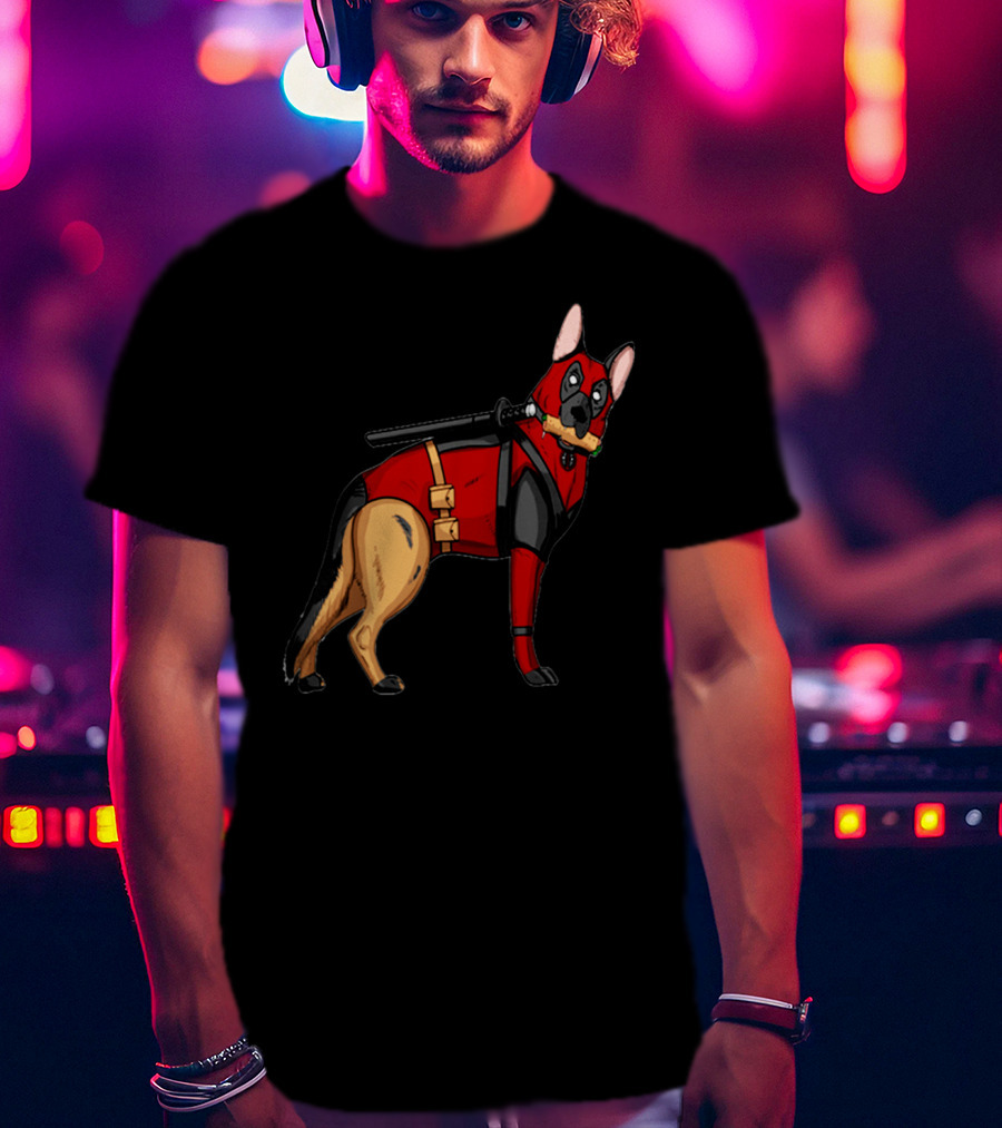 German Shepherd In Deadpool Costume With Sword And Bone T-Shirt