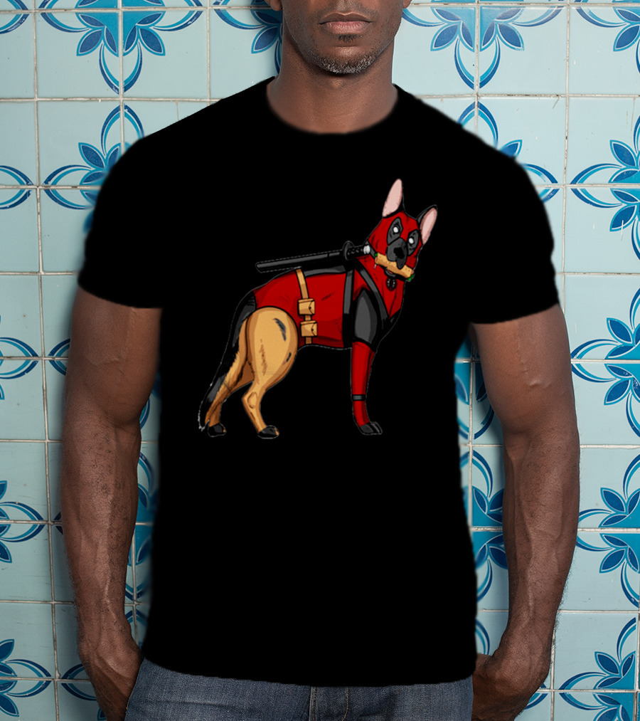 German Shepherd In Deadpool Costume With Sword And Bone T-Shirt