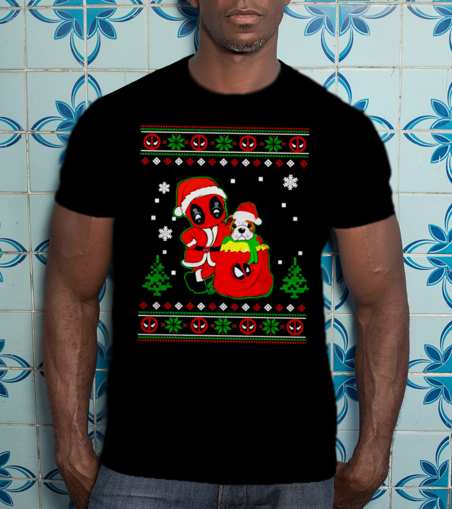 Deadpool Bulldog Christmas Santa Ugly Sweater Snowflakes Trees T-Shirt