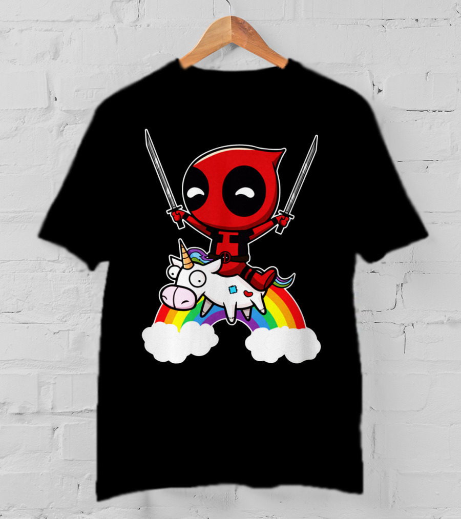 Deadpool Riding Unicorn Over Rainbow With Dual Swords T-Shirt