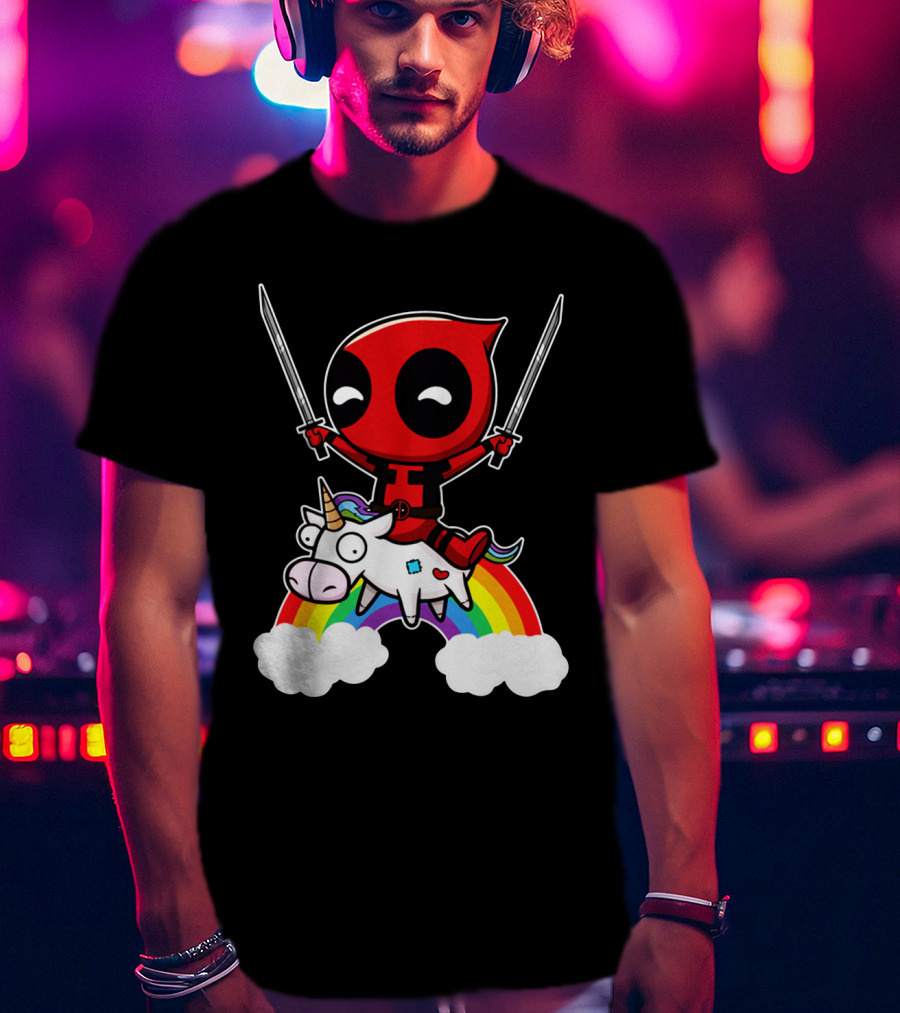 Deadpool Riding Unicorn Over Rainbow With Dual Swords T-Shirt