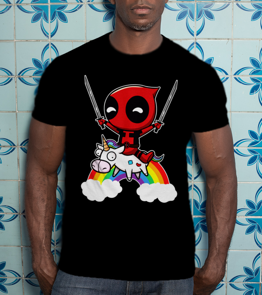 Deadpool Riding Unicorn Over Rainbow With Dual Swords T-Shirt