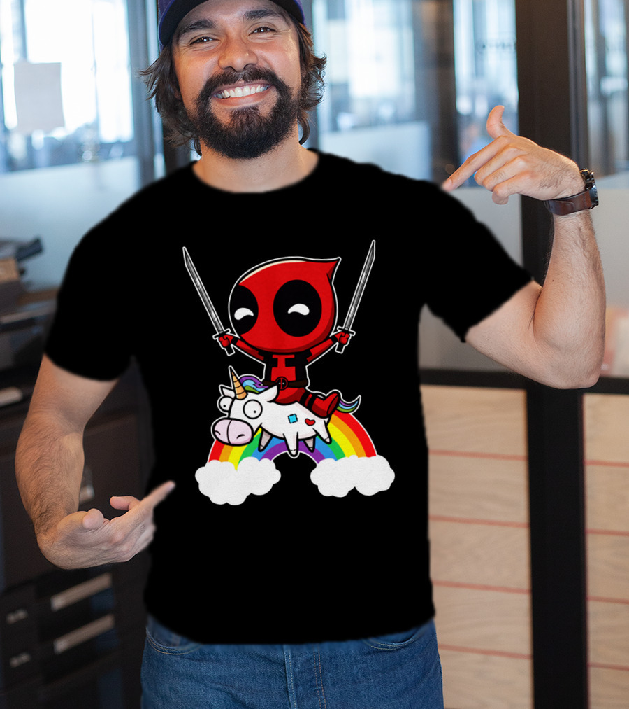 Deadpool Riding Unicorn Over Rainbow With Dual Swords T-Shirt