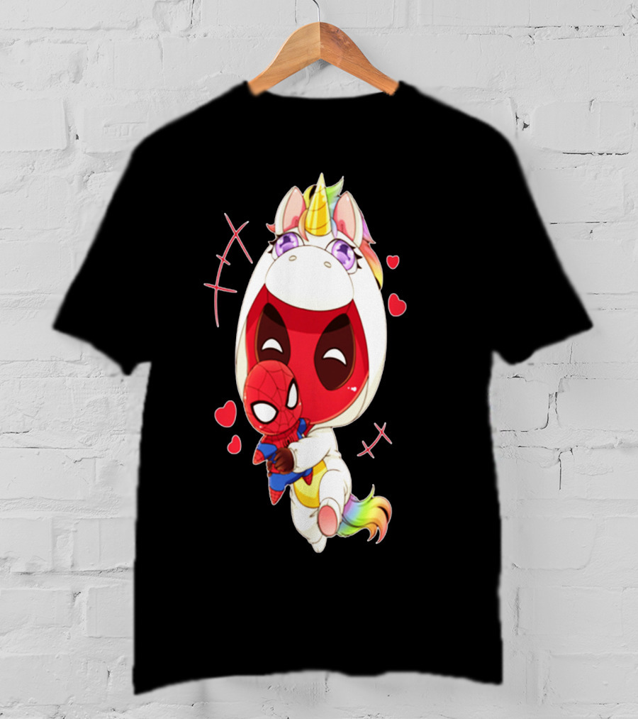 Deadpool IN Unicorn Costume Hugging Spiderman Plush With Hearts And Smiling Face T-Shirt
