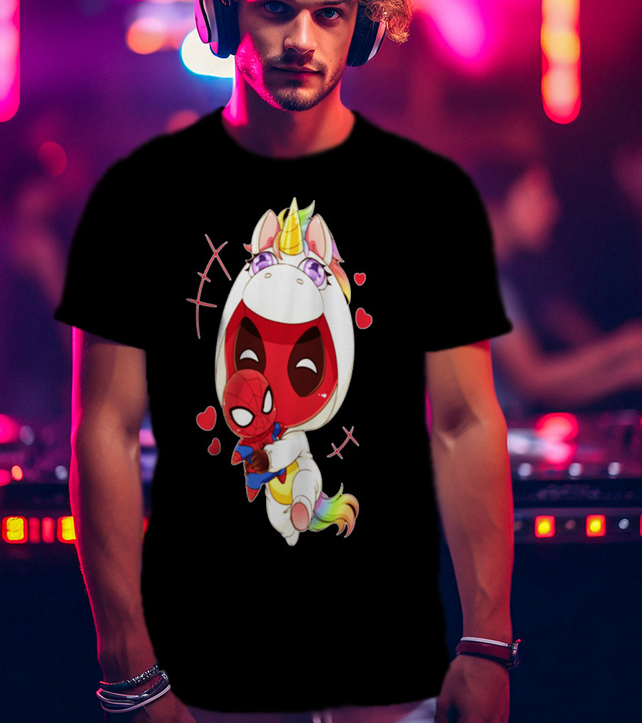 Deadpool IN Unicorn Costume Hugging Spiderman Plush With Hearts And Smiling Face T-Shirt