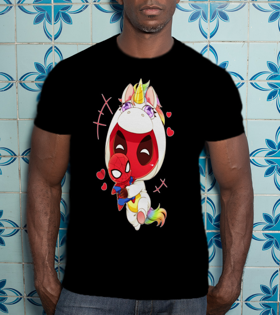 Deadpool IN Unicorn Costume Hugging Spiderman Plush With Hearts And Smiling Face T-Shirt