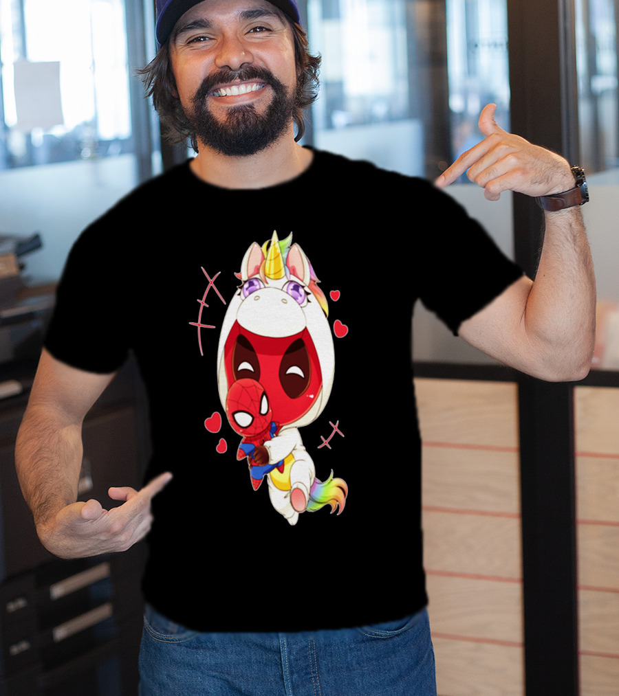 Deadpool IN Unicorn Costume Hugging Spiderman Plush With Hearts And Smiling Face T-Shirt