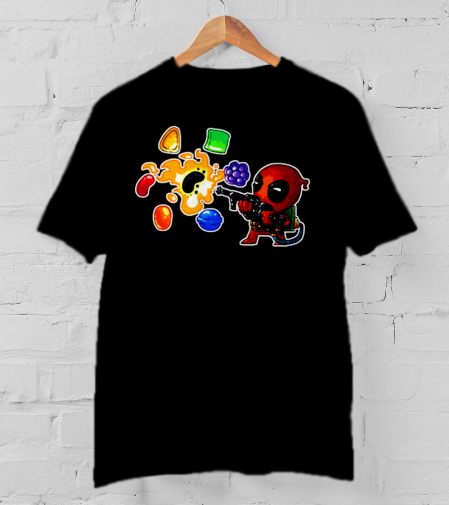 Deadpool Candy Explosion With Shooting Gun And Colorful Sweets T-Shirt