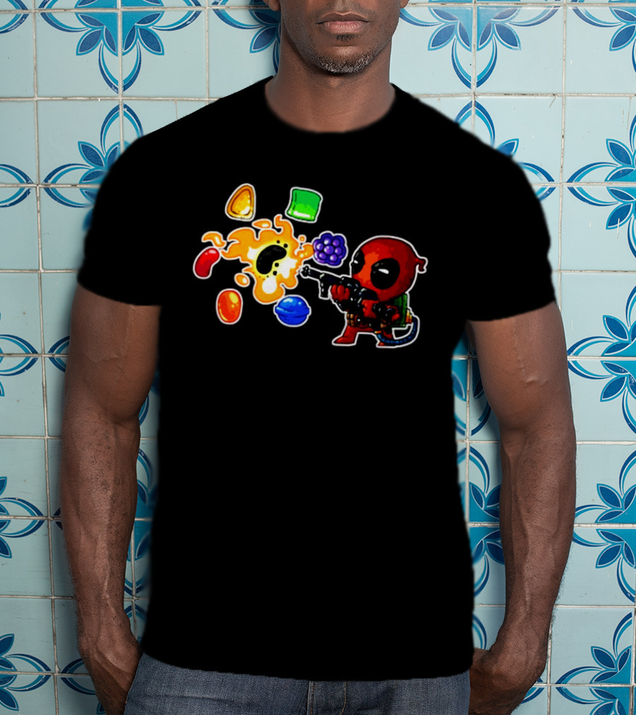 Deadpool Candy Explosion With Shooting Gun And Colorful Sweets T-Shirt