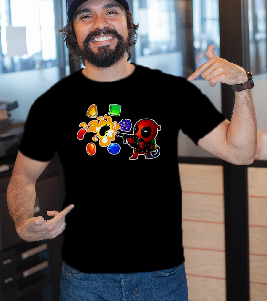 Deadpool Candy Explosion With Shooting Gun And Colorful Sweets T-Shirt