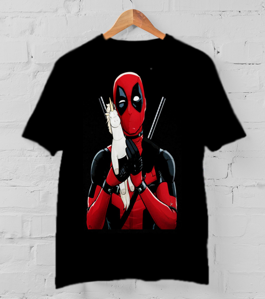 Deadpool Hugging Unicorn Toy With Iconic Red And Black Suit T-Shirt