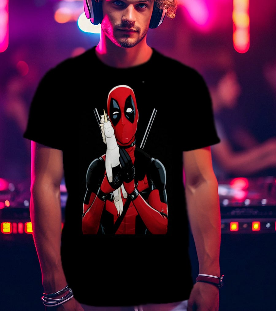 Deadpool Hugging Unicorn Toy With Iconic Red And Black Suit T-Shirt