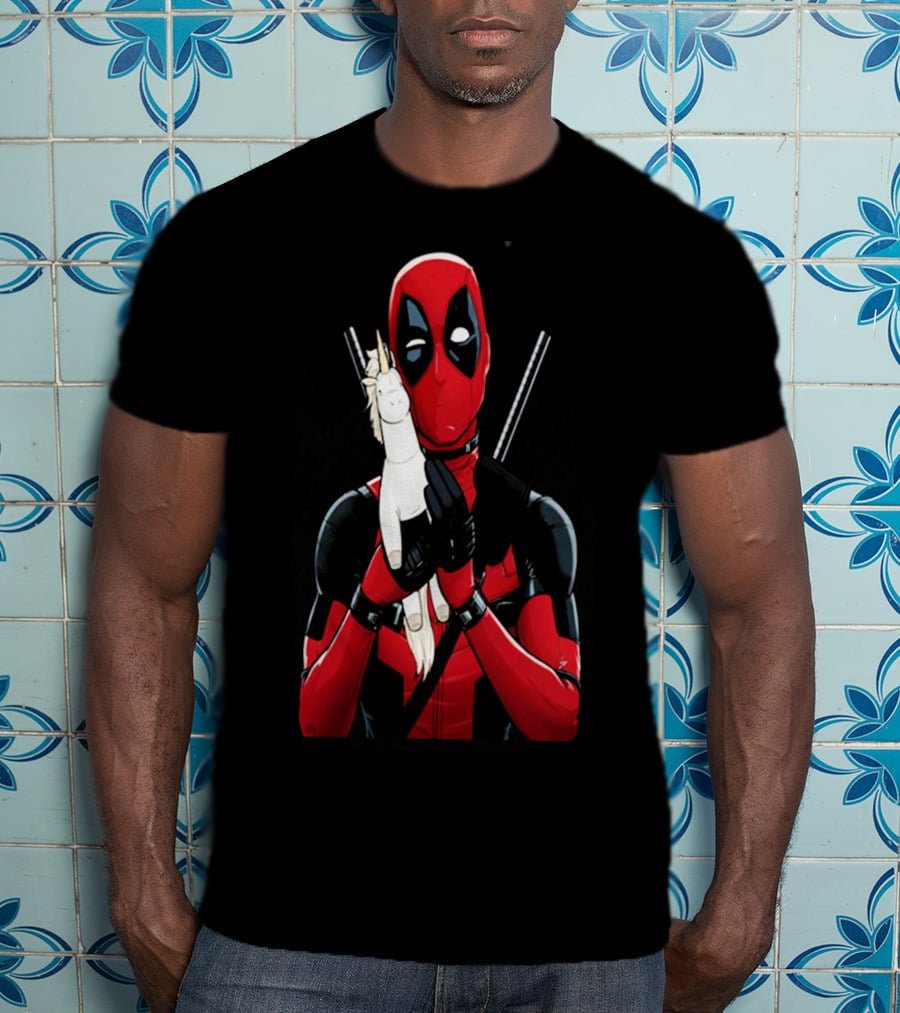 Deadpool Hugging Unicorn Toy With Iconic Red And Black Suit T-Shirt