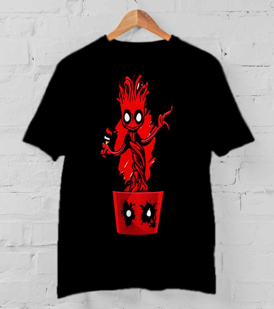 Deadpool Groot Mashup With Baby Tree Holding Paintbrush In Red Pot With Comic Mask Eyes T-Shirt