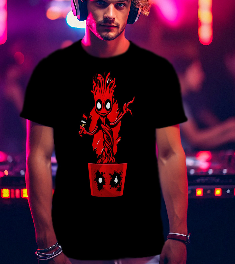 Deadpool Groot Mashup With Baby Tree Holding Paintbrush In Red Pot With Comic Mask Eyes T-Shirt