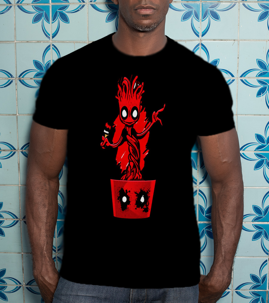 Deadpool Groot Mashup With Baby Tree Holding Paintbrush In Red Pot With Comic Mask Eyes T-Shirt