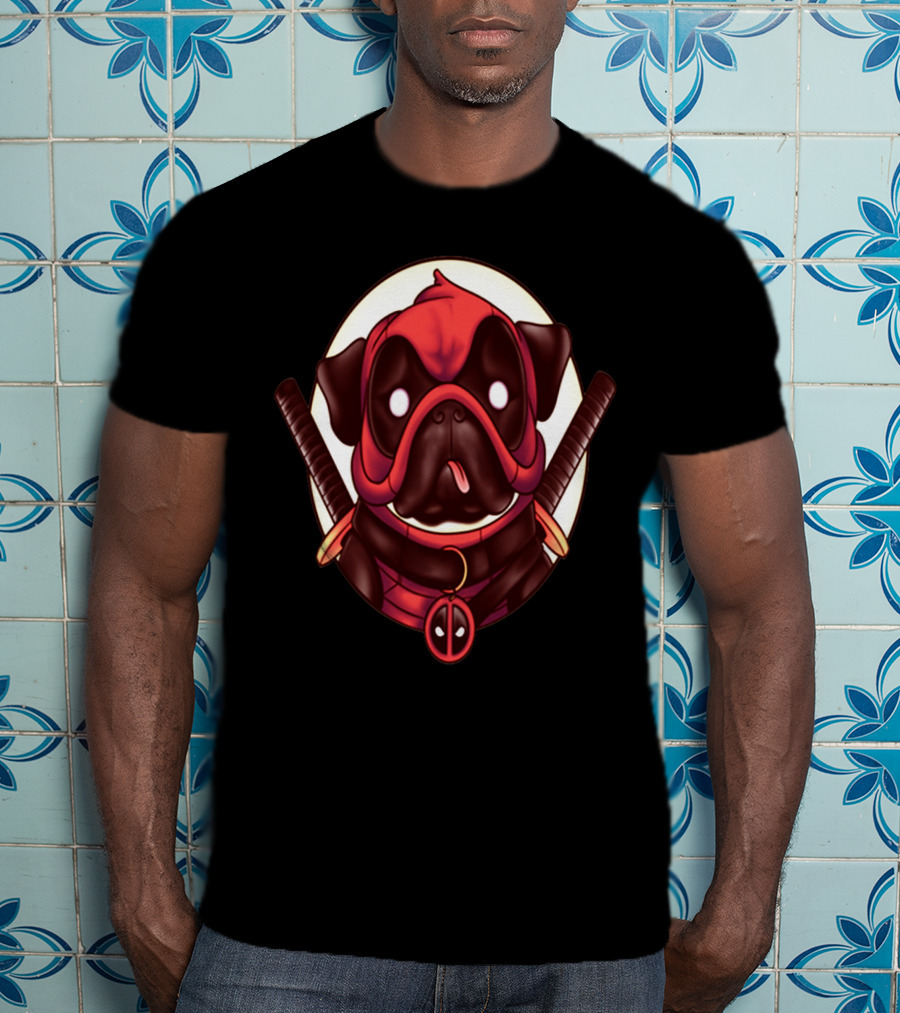 Deadpug Pug Wearing Deadpool Mask With Swords T-Shirt