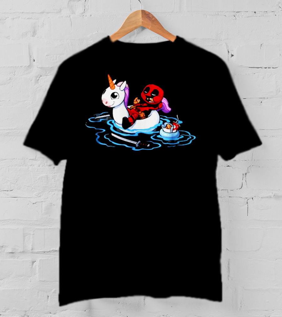 Deadpool Relaxing On Inflatable Unicorn With Rubber Duck And Swords T-Shirt