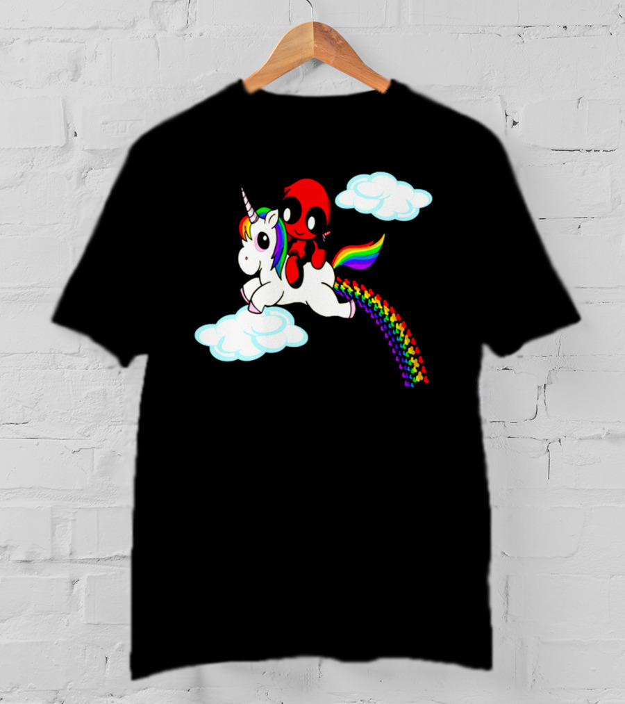 Deadpool Riding Rainbow Unicorn In Clouds T-Shirt