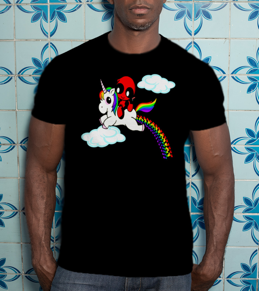 Deadpool Riding Rainbow Unicorn In Clouds T-Shirt