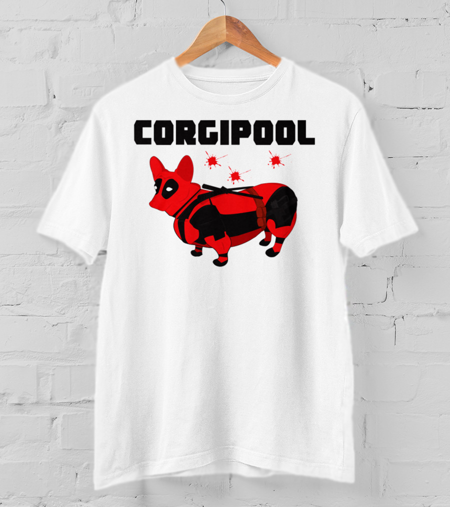 Corgipool Corgi Deadpool Parody With Red And Black Costume And Comic-Style Font T-Shirt