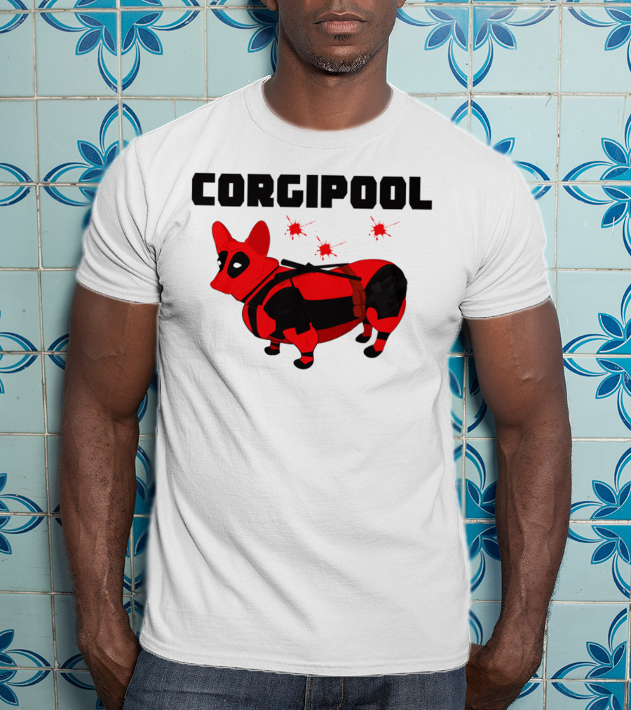 Corgipool Corgi Deadpool Parody With Red And Black Costume And Comic-Style Font T-Shirt