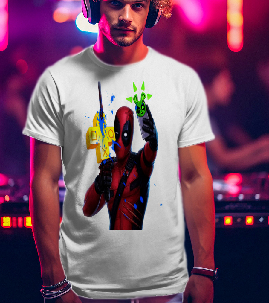 Deadpool Videogame Gamer Selfie With Iconic Controller And Green Bomb Symbols T-Shirt