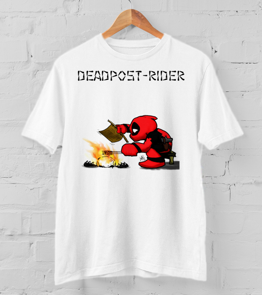 Deadpool Rider Cooking Marshmallow Over Fire Cartoon Scene T-Shirt