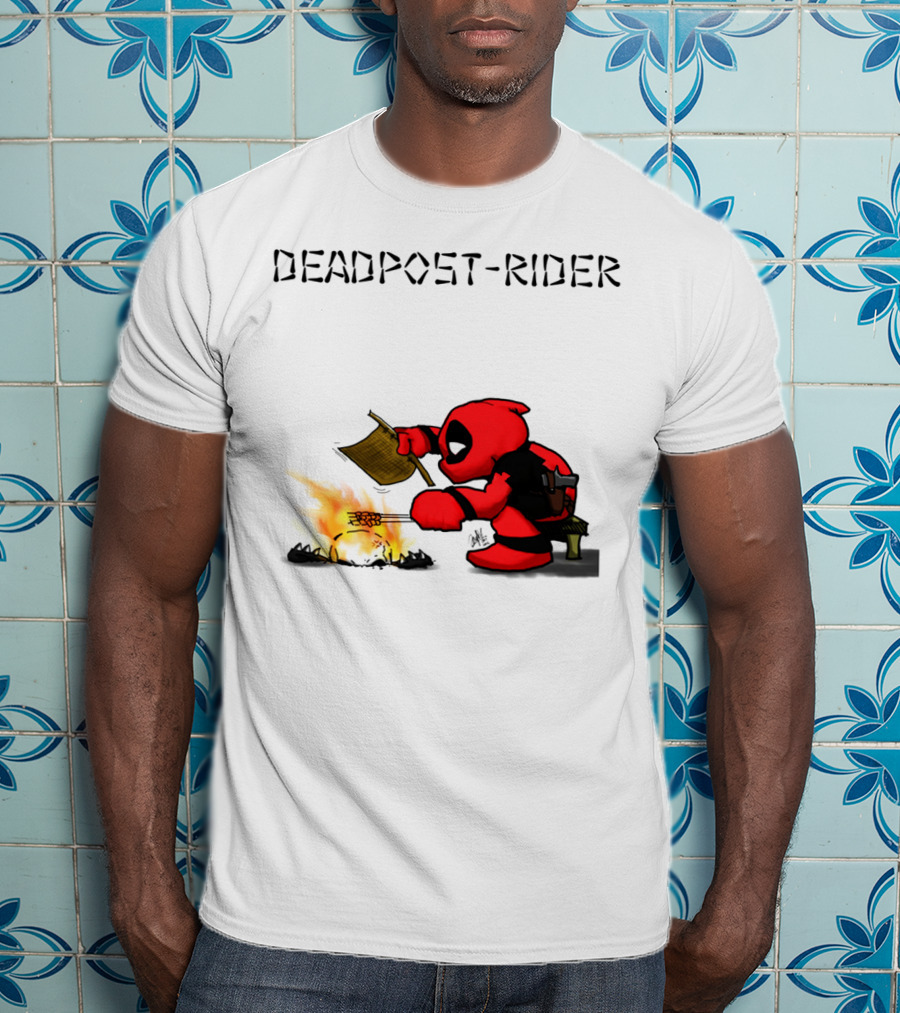 Deadpool Rider Cooking Marshmallow Over Fire Cartoon Scene T-Shirt