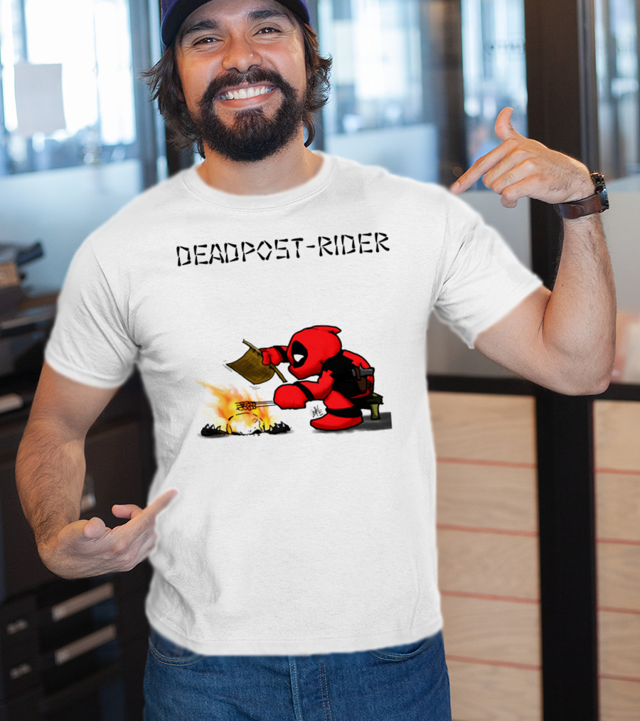 Deadpool Rider Cooking Marshmallow Over Fire Cartoon Scene T-Shirt