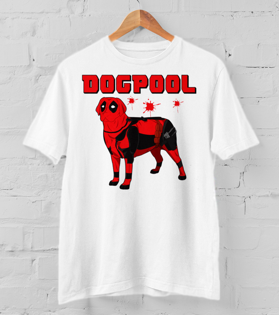 DOGPOOL Inspired By Deadpool With Red Suit And Splattered Background T-Shirt