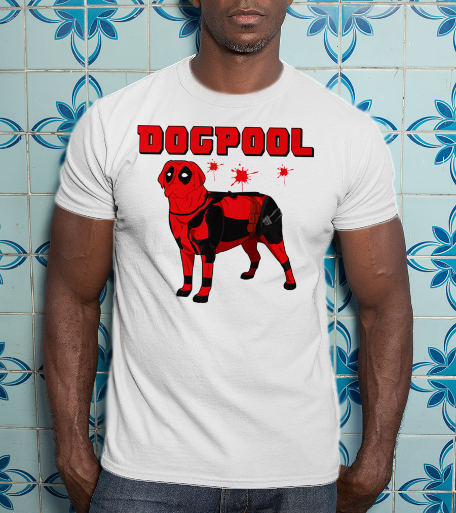 DOGPOOL Inspired By Deadpool With Red Suit And Splattered Background T-Shirt